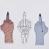 Five cartoon hands giving the middle finger are aligned horizontally. Each hand has a distinct design, including a blue stitched hand, the Werewolf Middle Finger with its furry brown look, a skeletal hand, a vampire hand dripping blood, and a green decayed hand with an exposed bone.