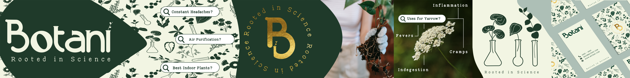 A decorative collage featuring the word "Botani" and "Rooted in Science." It includes botanical illustrations, lab equipment, and text highlighting botanicals for inflammation, immune support, and digestion. Muted greens and cream colors dominate the design.