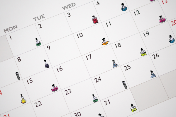 Introducing "Don't Bottle It Up - Emotion Potions," a monthly calendar featuring each date marked with a uniquely designed icon of a potion bottle, varying in color and style.