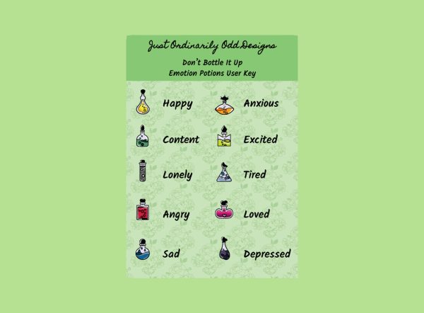 A chart titled "Just Ordinarily Odd Designs - Don't Bottle It Up: Emotion Potions User Key" against a light green background features nine potion bottles, each labeled with different emotions: Happy, Anxious, Content, Excited, Lonely, Tired, Angry, Loved, and Depressed.