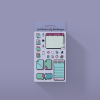A pack of the Re-animated Planner Sticker Collection is displayed against a light purple background. The stickers feature various shapes such as speech bubbles, a calendar, a checklist, and icons like a piggy-bank, a phone, and a mouse. The packaging reads "Just Ordinarily Odd Designs.