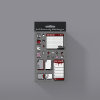 The Undead Planner Sticker Collection pack is displayed against a gray background, showcasing an assortment of red and black stationery designs including speech bubbles, clipboards, paper clips, push pins, a shopping cart, and a calendar grid.