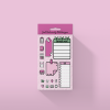 A set of JOOD Planner Sticker Collection pink sticky notes and decorative stickers on a pink background. The sticky notes include a leaf-themed "Important Memo" note, a speech bubble, a document-themed note, and a checklist note. Stickers feature clipboards, envelopes, plants, and other cute icons.