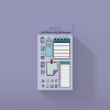 A purple background showcases the JOOD Planner Sticker Collection, a package brimming with decorative stickers and notepads. This collection features an array of designs, including pastel-colored notepads, tags, and other stationery items adorned with playful, whimsical illustrations and patterns. The text on top reads "Just Ordinarily Odd Designs.