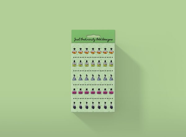 A vertical green blister pack featuring small illustrations of various bottle designs arranged in horizontal rows. The top reads "Don't Bottle It Up - Emotion Potions." The background is also green, with a shadow cast to the right of the pack.