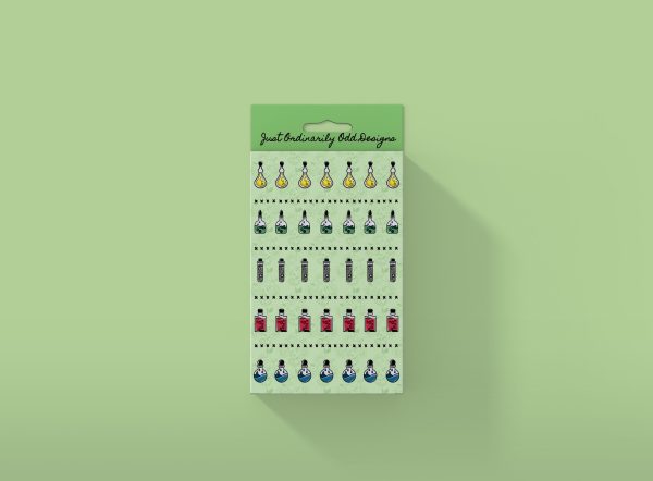 A pack of stickers titled "Don't Bottle It Up - Emotion Potions" featuring small graphics of potion bottles. The stickers display rows of bottles filled with colorful liquids. The green packaging has the text "Just Ordinarily Odd Designs" at the top.