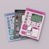 Three sheets of decorative stickers featuring various designs of planner stickers against a mauve background