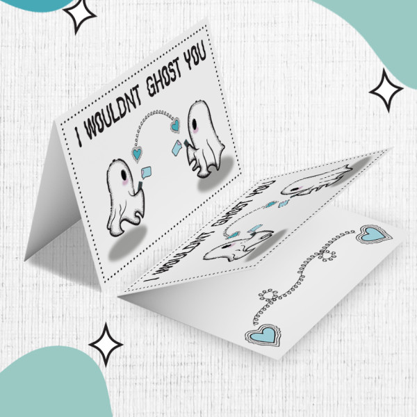 The "Wish Boo Were Here Valentines Card" is showcased on a textured white background with teal and blue accents. The card depicts two adorable ghosts holding letters, accompanied by the text "I WOULDN'T GHOST YOU" above them. Inside, you'll find text bubbles and a phone cord illustration linking two hearts