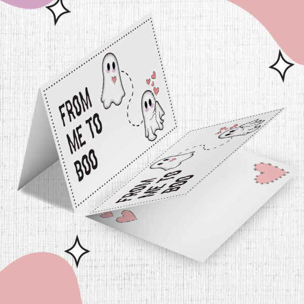 The Wish Boo Were Here Valentines Card features a folded design with two adorable ghost illustrations. One of the ghosts is surrounded by hearts, while the cover reads "FROM ME TO BOO." The background showcases pink and purple abstract shapes adorned with small stars, creating a whimsical and festive look.