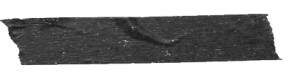 A piece of black duct tape with a rough texture and slight wrinkles is stuck on a white background. The edges of the tape are uneven, and there are some small white specks on its surface.