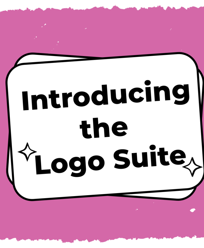 A white rectangular card with the text "Introducing the Logo Suite" in bold black letters is centered on a pink, irregularly shaped background. There are two small sparkle icons near the text, one before the word "the" and another after the word "Suite".